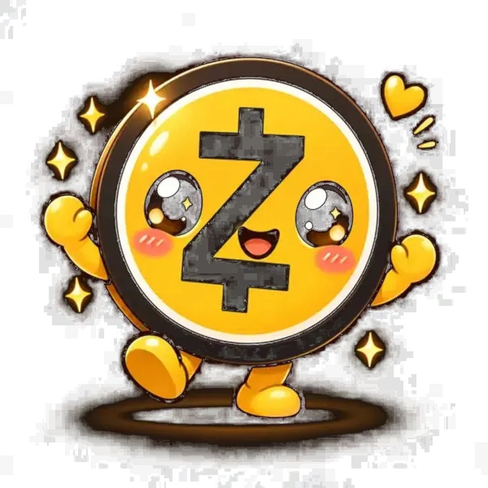Baby Zcash, a happy golden coin with a black Z, jumping with its arms up